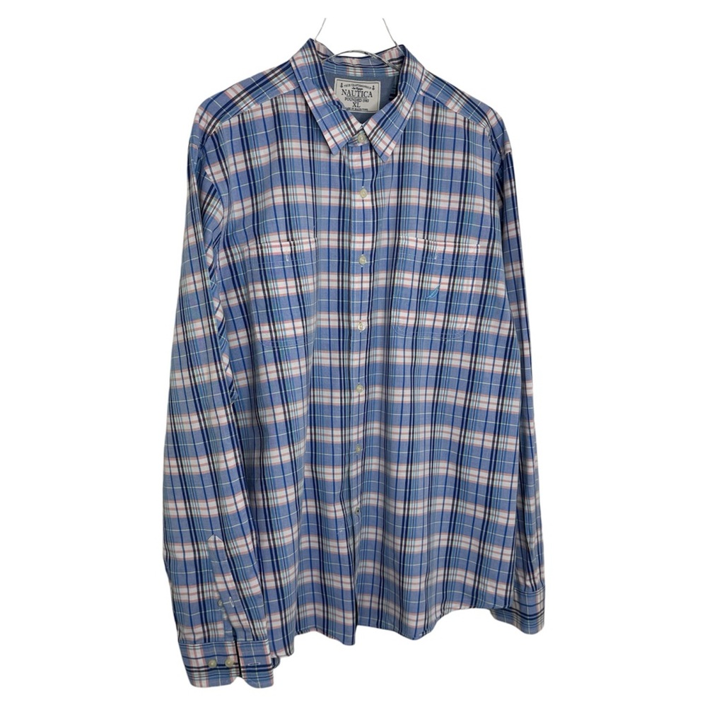 Nautica Men's Button Up Shirt Long Sleeve Peach & Blue Plaid Sea Voyage Size XL